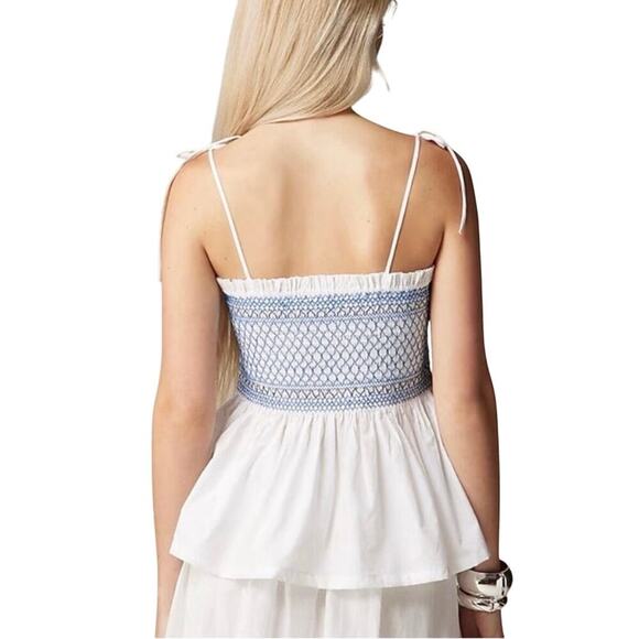 NWT J.Crew White Smocked Peplum Top XS Tie-Strap Blue Embroidery Poplin - Picture 2 of 8